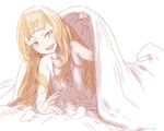  :d alternate_costume bed blanket blonde_hair blue_eyes cagliostro_(granblue_fantasy) come_hither granblue_fantasy ikuhana_niiro lingerie long_hair open_mouth smile solo underwear 