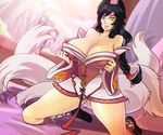  1girl ahri animal_ears bad_idea bare_shoulders black_hair boots breasts cleavage fox_ears fox_tail full_body huge_breasts kneeling korean_clothes league_of_legends long_hair looking_at_viewer multiple_tails slit_pupils solo tail whisker_markings yellow_eyes 