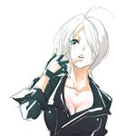 ahoge angel_(kof) blue_eyes breasts cleavage evilgun fingerless_gloves gloves hair_over_one_eye jacket large_breasts leather leather_jacket lowres silver_hair sketch solo the_king_of_fighters the_king_of_fighters_xiv upper_body 