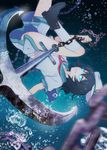  anchor black_hair blue_eyes blurry bubble chain depth_of_field funamushi_nomore glowing glowing_eyes hat kneehighs leg_lift looking_at_viewer midriff murasa_minamitsu rust sailor sailor_hat shorts solo touhou underwater 