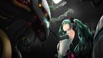  breasts green_eyes green_hair hatsune_miku hatsune_miku_(append) highres long_hair mecha milaria navel open_clothes open_shirt shirt small_breasts tattoo twintails underboob vocaloid vocaloid_append wallpaper 