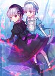 alice_(fate/extra) bad_id bad_pixiv_id black_dress blue_dress bow braid chocoan doll_joints dress fate/extra fate_(series) frills hair_over_shoulder hat hat_ribbon kneeling large_bow lolita_fashion long_hair looking_at_viewer looking_back mary_janes multiple_girls nursery_rhyme_(fate/extra) open_mouth pink_eyes ribbon ringed_eyes shoes sitting smile twin_braids very_long_hair white_hair 