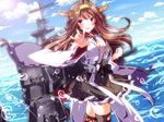  ahoge blue_sky blush boots brown_hair cannon clenched_hand cloud day detached_sleeves double_bun foreshortening hair_intakes hairband japanese_clothes kantai_collection kongou_(kantai_collection) long_hair machinery mast nanoha-h nontraditional_miko ocean open_mouth outstretched_hand purple_eyes remodel_(kantai_collection) skirt sky smile solo sun thigh_boots thighhighs turret water wide_sleeves 