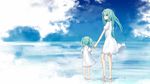  bad_id bad_pixiv_id barefoot blue_eyes child dress green_hair hatsune_miku holding_hands long_hair looking_at_viewer multiple_girls pine_(yellowpine112) vocaloid white_dress 