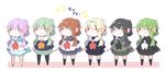  bangs black_hair blonde_hair blush_stickers brown_hair commentary cosplay folded_ponytail green_hair hair_ribbon inazuma_(kantai_collection) kantai_collection kitakami_(kantai_collection) kitakami_(kantai_collection)_(cosplay) kneehighs moon_(ornament) multiple_girls nagatsuki_(kantai_collection) nagatsuki_(kantai_collection)_(cosplay) nanodesu_(phrase) neckerchief pantyhose pekeko_(pepekekeko) pink_hair ribbon school_uniform serafuku tama_(kantai_collection) tama_(kantai_collection)_(cosplay) translated yuubari_(kantai_collection) yuubari_(kantai_collection)_(cosplay) yuudachi_(kantai_collection) yuudachi_(kantai_collection)_(cosplay) 