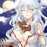  artemis_(fate/grand_order) bear breasts citron_82 cleavage closed_eyes dango dress eating fate/grand_order fate_(series) food large_breasts long_hair moon night night_sky orion_(fate/grand_order) silver_hair sky tsukimi_dango wagashi 