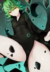  bba1985 breasts cameltoe collared_shirt green_eyes green_hair highres looking_at_viewer one-punch_man shirt short_hair side_slit small_breasts smile solo tatsumaki telekinesis 