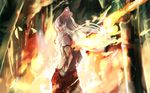  amamitsu_kousuke bamboo bamboo_forest blurry bow fiery_wings fire flame floating_hair forest from_behind fujiwara_no_mokou hair_bow long_hair long_sleeves looking_at_viewer looking_back nature pants red_eyes serious shirt silver_hair solo suspenders touhou very_long_hair white_shirt wings 