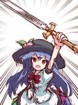  :d apron blouse blue_dress blue_hair dress excalibur final_fantasy food fruit hat hinanawi_tenshi leaf long_hair lowres open_mouth parody peach rainbow_order red_eyes ryogo short_sleeves smile solo sword sword_of_hisou touhou weapon white_background 