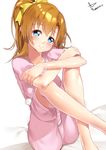  blue_eyes bow brown_hair hair_bow hands_on_own_knees kousaka_honoka looking_at_viewer love_live! love_live!_school_idol_project pajamas ponytail sitting smile solo yappen 