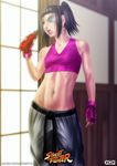  absurdres alternate_costume alternate_hairstyle bottle breasts eyelashes eyepatch fingerless_gloves ggg_(gonzalogallianoniz) gloves han_juri highres lips midriff navel nose pants parted_lips purple_eyes short_twintails small_breasts solo sports_bra street_fighter toned twintails water_bottle windowsill 