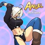 :p ahoge angel_(kof) black_panties blue_eyes boots breasts chaps character_name cleavage commentary_request cowboy_boots cropped_jacket fingerless_gloves gloves hair_over_one_eye josef_axner large_breasts lowres midriff panties short_hair silver_hair solo the_king_of_fighters thighs toned tongue tongue_out underwear 
