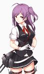 ahoge asya blouse breasts brown_eyes cannon gloves hagikaze_(kantai_collection) highres kantai_collection long_hair medium_breasts neck_ribbon one_side_up pleated_skirt purple_hair red_ribbon ribbon school_uniform short_sleeves skirt smile solo vest white_gloves 