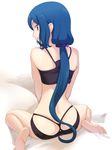  ass bad_id bad_pixiv_id barefoot blue_hair eyebrows eyebrows_visible_through_hair feet from_behind green_eyes gundam gundam_build_fighters iori_rinko kira_keita lips long_hair looking_at_viewer looking_back mature ponytail sitting smile solo thong wariza 