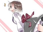 1girl bad_id bad_pixiv_id blush bow brown_eyes brown_hair collared_shirt commentary dress_shirt from_behind hairband hammer_(sunset_beach) long_sleeves looking_back necktie open_mouth shirt short_hair skirt solo sweatdrop touhou tsukumo_yatsuhashi wavy_mouth 