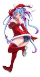  :3 :d alternate_costume ass bangs bell blue_hair blue_swimsuit blush boots breasts christmas detached_collar dress full_body fur_trim gloves hair_ornament hair_ribbon hand_on_headwear hat i-19_(kantai_collection) kantai_collection large_breasts long_hair looking_at_viewer multicolored_hair open_mouth perepere-kun purple_hair quad_tails red_dress red_eyes red_footwear red_gloves red_hat red_legwear ribbon santa_boots santa_costume short_dress simple_background smile solo standing standing_on_one_leg star star-shaped_pupils strapless strapless_dress swimsuit swimsuit_under_clothes symbol-shaped_pupils thigh_boots thighhighs upskirt very_long_hair white_background 