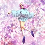  bangs blunt_bangs dress floating from_behind full_body kneehighs letter looking_back natsuki_megumi outstretched_arms patalliro! pink_hair pleated_dress pulara purple_footwear shoes short_dress silver_dress solo spread_arms white_legwear wide_sleeves 