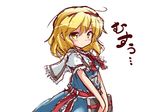  alice_margatroid blonde_hair blue_dress blush book capelet dress hairband holding holding_book looking_at_viewer ribbon ryogo short_hair simple_background solo touhou translation_request upper_body v_arms white_background white_capelet yellow_eyes 