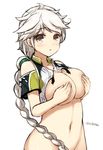  asymmetrical_hair blush braid breasts brown_eyes burnt_clothes covered_nipples don_(29219) hair_ornament kantai_collection large_breasts long_hair midriff no_panties open_mouth silver_hair single_braid solo unryuu_(kantai_collection) very_long_hair 