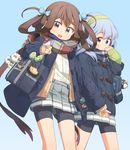  amana_(pocketkey) asagumo_(kantai_collection) bag bag_charm bike_shorts blue_eyes brown_eyes brown_hair cardigan charm_(object) coat failure_penguin holding_hands kantai_collection long_hair miss_cloud multiple_girls open_cardigan open_clothes scarf school_bag school_uniform shorts shorts_under_skirt silver_hair smile twintails uniform yamagumo_(kantai_collection) 