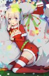  alternate_costume bag bell belt blonde_hair blue_eyes blush breasts christmas christmas_lights christmas_ornaments cross dress fur gin00 graf_zeppelin_(kantai_collection) hair_bell hair_between_eyes hair_ornament highres kantai_collection kneeling large_breasts long_hair long_sleeves looking_at_viewer miniskirt no_hat no_headwear open_mouth red_dress red_legwear sack santa_costume skirt solo star thighhighs twintails 