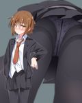  black_legwear blazer blush breasts brown_eyes brown_hair collared_shirt commentary crotch_seam from_below hand_in_pocket highres jacket kantai_collection looking_at_viewer mtu_(orewamuzituda) multiple_views necktie panties panties_under_pantyhose pantyhose pantyshot pleated_skirt polka_dot polka_dot_panties school_uniform shirt short_hair simple_background skirt small_breasts underwear upskirt wakaba_(kantai_collection) 