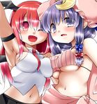  ;d armband armpits bad_id bad_twitter_id bat_wings blush bow bra breast_press breasts crescent crop_top hair_bow hair_ornament hat head_wings impossible_clothes impossible_vest koakuma looking_at_viewer midriff mob_cap multiple_girls navel necktie one_eye_closed open_mouth patchouli_knowledge purple_eyes purple_hair red_eyes red_hair simple_background skirt smile suzu_keika symmetrical_docking touhou underwear upper_body vest white_background wings 