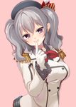  blush breasts ebiebiebio epaulettes finger_to_mouth gloves grey_eyes grey_hair hat heart heart-shaped_pupils highres kantai_collection kashima_(kantai_collection) large_breasts looking_at_viewer pink_background short_hair simple_background smile solo symbol-shaped_pupils twintails white_gloves 