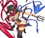  asymmetrical_wings black_dress black_hair black_legwear blush bow breasts dress houjuu_nue large_breasts looking_at_viewer melon22 navel no_bra open_mouth pointy_ears polearm red_eyes solo thighs torn_clothes torn_dress touhou trident weapon wings 