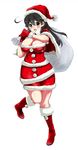  :d ahoge alternate_costume bangs black_hair blush boots breasts brown_eyes capelet carrying_over_shoulder christmas cleavage full_body fur_boots fur_trim gloves hat kantai_collection large_breasts long_hair open_mouth perepere-kun pom_pom_(clothes) red_footwear red_gloves red_hat red_skirt sack santa_boots santa_costume santa_hat simple_background skirt smile solo standing ushio_(kantai_collection) white_background 