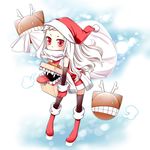  alternate_costume black_legwear boots box commentary covered_mouth enemy_aircraft_(kantai_collection) gift gift_box hat kantai_collection kore_(korewa13th) long_hair looking_at_viewer mittens northern_ocean_hime pale_skin red_eyes red_footwear santa_boots santa_costume santa_hat scarf shinkaisei-kan thighhighs white_hair zettai_ryouiki 