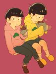  black_hair bowl_cut brothers denim eating food food_on_face hood hoodie invisible_chair jeans looking_at_viewer looking_down male_focus matsuno_juushimatsu matsuno_todomatsu multiple_boys osomatsu-kun osomatsu-san pants shorts siblings sitting sleeves_past_wrists slippers smile socks steam sweet_potato tanaka_(tanakya123) 