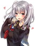  alternate_costume blush breasts grey_eyes heart heart-shaped_pupils kantai_collection kashima_(kantai_collection) large_breasts long_sleeves looking_at_viewer nironiro ribbon scarf school_uniform serafuku silver_hair simple_background smile solo symbol-shaped_pupils tsurime twintails uniform wavy_hair white_background 