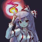  :o black_background blush bow burning_hand collared_shirt fire flame fujiwara_no_mokou hair_bow index_finger_raised long_hair lowres magic open_mouth parted_lips ryogo shirt silver_hair simple_background solo suspenders sweatdrop touhou very_long_hair white_shirt 