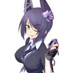  breasts eyepatch eyepatch_removed gloves headgear kantai_collection large_breasts looking_at_viewer necktie nirohi one_eye_closed partly_fingerless_gloves purple_hair school_uniform short_hair smirk solo tenryuu_(kantai_collection) white_background yellow_eyes 