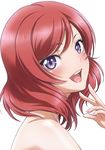  :d from_side looking_at_viewer looking_to_the_side love_live! love_live!_school_idol_project nanno_koto nishikino_maki nude open_mouth portrait purple_eyes red_hair short_hair simple_background smile solo white_background 
