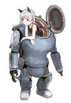  animal_ears blue_eyes blush crossed_arms eila_ilmatar_juutilainen kylin long_hair maschinen_krieger mecha power_armor safs silver_hair smile solo strike_witches tail tank_top world_witches_series 
