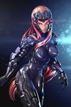  armor blue_eyes breasts dark_skin ikegami_noroshi impossible_clothes lens_flare long_hair looking_to_the_side medium_breasts navel nipples original parted_lips red_hair science_fiction skin_tight solo very_long_hair 