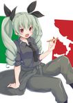  anchovy anzio_military_uniform black_footwear blush boots clothes_around_waist dress_shirt drill_hair food girls_und_panzer green_hair grey_jacket grey_pants grey_shirt highres holding_pizza italy jacket jacket_around_waist knee_boots koga_rejini long_hair long_sleeves military military_uniform necktie pants pizza shirt sleeves_rolled_up solo twin_drills twintails uniform 