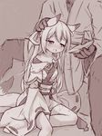  1girl alcohol animal_ears drunk fox_ears fox_tail hand_on_another's_head highres japanese_clothes langbazi monochrome off_shoulder original sake tail tears 