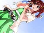  cherry_print crossover dress food_print green_dress henshin henshin_pose idolmaster idolmaster_cinderella_girls isuna kamen_rider kamen_rider_555 kamen_rider_delta ogata_chieri parody pose print_dress rider_belt translation_request 