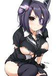  black_legwear breasts brown_eyes burnt_clothes cardigan covered_nipples don_(29219) eyepatch gloves headgear kantai_collection large_breasts necktie purple_hair school_uniform short_hair solo tenryuu_(kantai_collection) thighhighs 