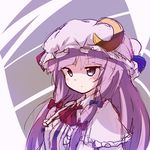  bangs blue_bow blunt_bangs bow cravat crescent crescent_hair_ornament dress expressionless grey_background hair_bow hair_ornament hat hat_bow long_hair mob_cap patchouli_knowledge purple_dress purple_eyes purple_hair red_bow red_ribbon ribbon ryogo simple_background solo touhou upper_body 