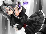  black_dress crossover dress gaia_memory gothic_lolita grey_hair henshin henshin_pose idolmaster idolmaster_cinderella_girls isuna kamen_rider kamen_rider_joker kamen_rider_w kanzaki_ranko lolita_fashion lost_driver parody pose red_eyes rider_belt twintails 