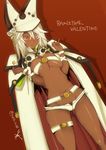  belt beltbra blush breasts cape character_name cleavage dark_skin fangs groin guilty_gear guilty_gear_xrd hat large_breasts long_hair navel ramlethal_valentine red_background red_eyes rib:y(uhki) simple_background solo white_hair 