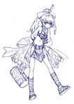  armor artist_request back_bow bow breasts bustier choker hair_ribbon hammer huge_bow leaning_forward lineart long_hair meru_(dragoon) midriff monochrome navel ponytail ribbon sandals sidelocks simple_background sketch small_breasts solo the_legend_of_dragoon toes weapon white_background wrist_cuffs 