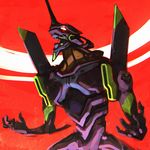  eva_01 glowing glowing_eye horn ilya_kuvshinov mecha neon_genesis_evangelion no_humans open_mouth sketch two-tone_background upper_body 