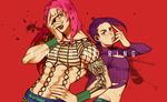  2boys abs diavolo fishnets groin hand_on_hip hand_on_own_face heterochromia jojo_no_kimyou_na_bouken lipstick long_hair makeup midriff multiple_boys muscle nashinachipmunk pink_hair purple_hair purple_lipstick red_eyes ribbed_sweater sweater tattoo vinegar_doppio wristband 