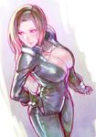  bodysuit breasts brown_eyes brown_hair catsuit center_opening character_request cleavage fingerless_gloves gloves hand_on_hip large_breasts lips rejean_dubois solo unzipped 