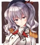  blue_eyes blush breasts epaulettes finger_to_chin gloves hat kantai_collection kashima_(kantai_collection) large_breasts looking_at_viewer military military_uniform silver_hair smile solo suien twintails uniform upper_body wavy_hair white_gloves 